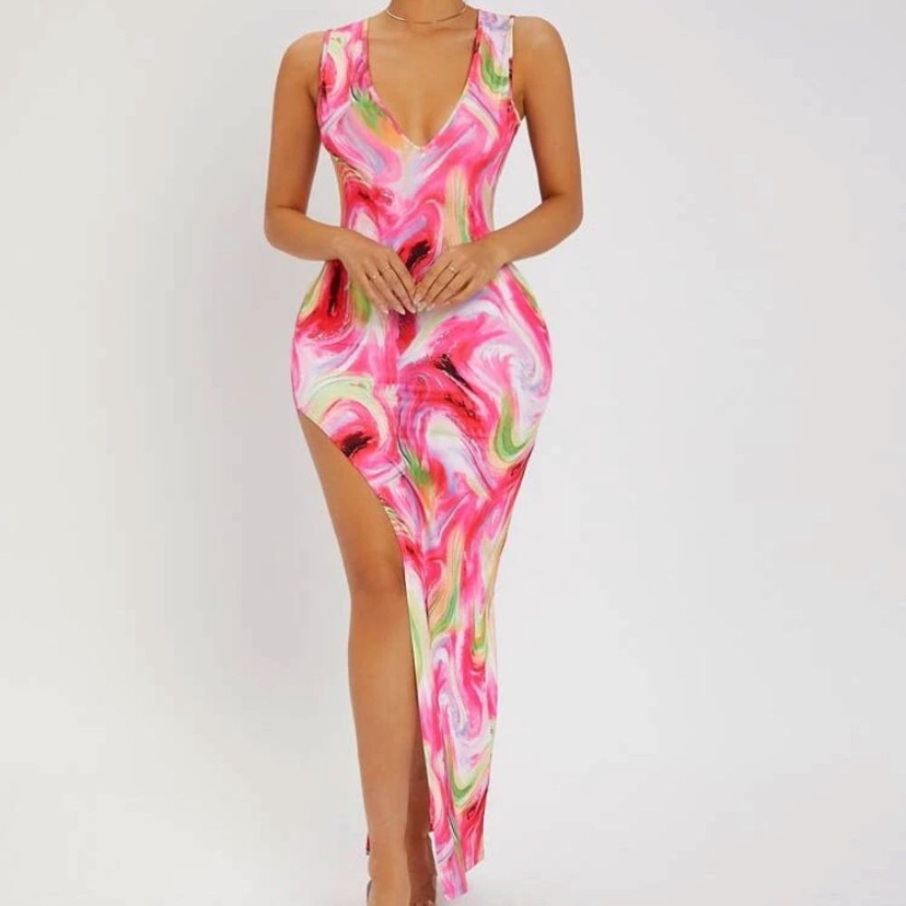 Marbled Print High Split Dress - image 2
